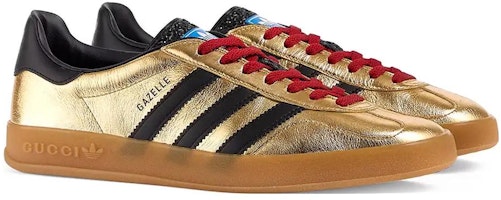 adidas x GUCCI古馳 Gazelle 皮革 低幫繫帶 時尚板鞋 女款 金色 Lookbook adidas x GUCCI古馳 Gazelle 皮革 低幫繫帶 時尚板鞋 女款 金色