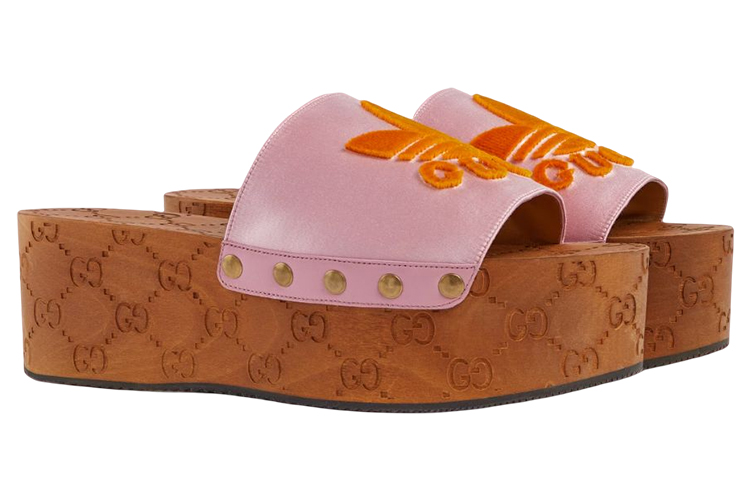 Lookbook (W) グッチ×アディダス 厚底サテン ロゴ スライド (ピンク) 707285-KND90-5870