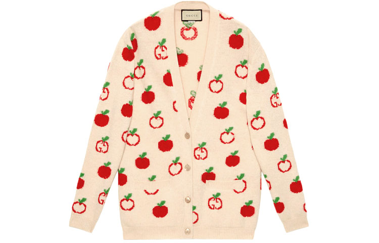 (Women) Gucci Apple Pattern Long Sleeve Wool Cardigan Sweater Women White 606114-XKA7I-9376