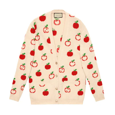 (Women) Gucci Apple Pattern Long Sleeve Wool Cardigan Sweater Women White 606114-XKA7I-9376