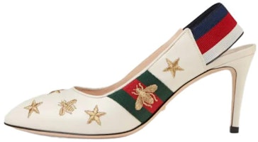 (Women) Gucci Bee Star Embroidered Leather Web Sylvie Slingback Pumps 'White' 552039-0G0U0-9084 (Women) Gucci Bee Star Embroidered Leather Web Sylvie Slingback Pumps 'White' 552039-0G0U0-9084