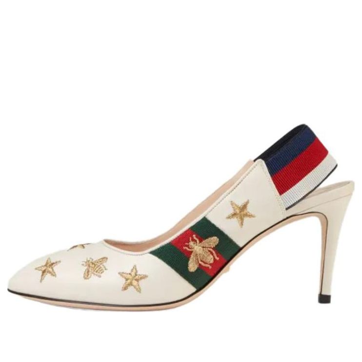 (Women) Gucci Bee Star Embroidered Leather Web Sylvie Slingback Pumps 'White' 552039-0G0U0-9084