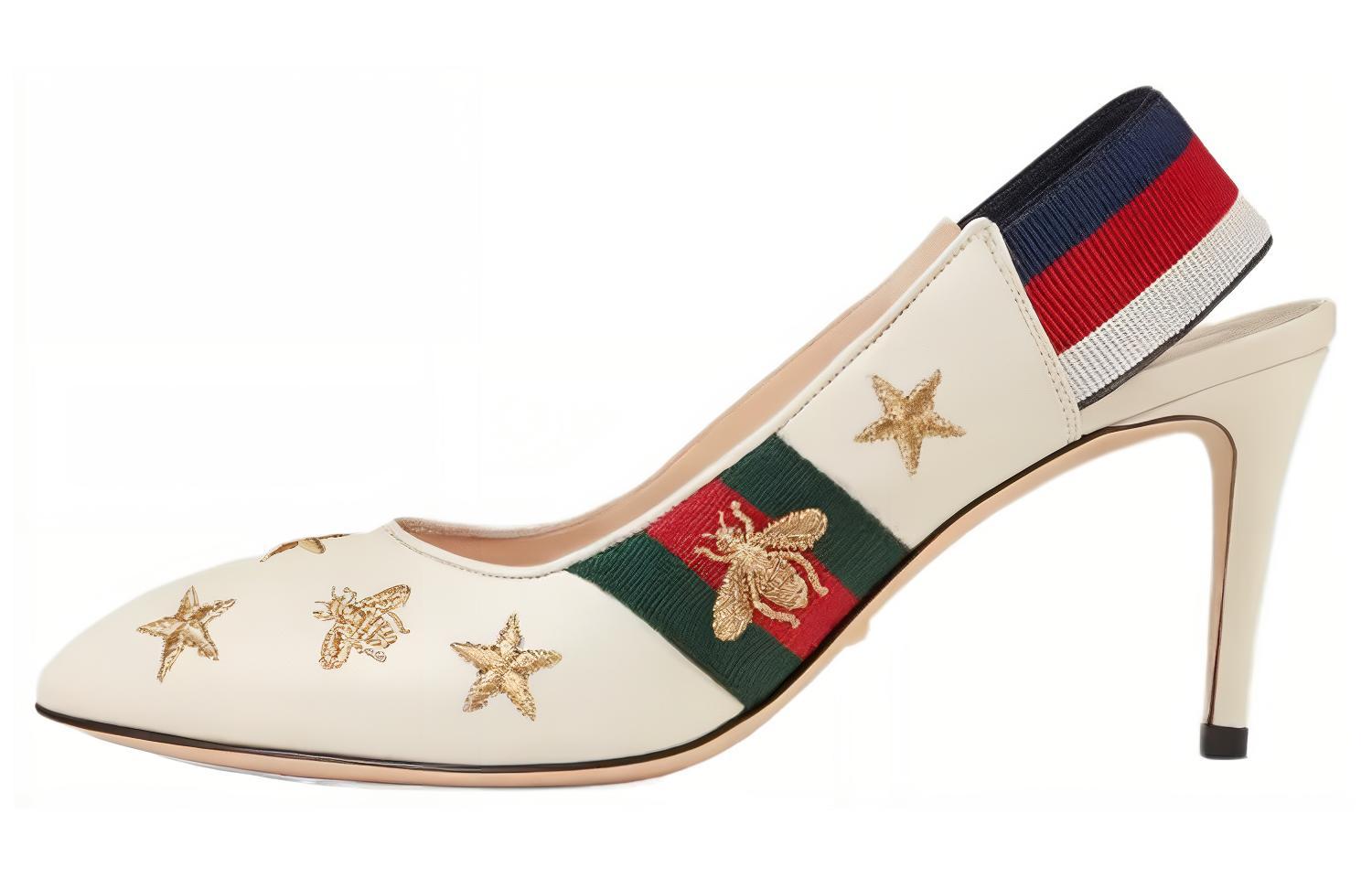 (Women) Gucci Bee Star Embroidered Leather Web Sylvie Slingback Pumps 'White' 552039-0G0U0-9084