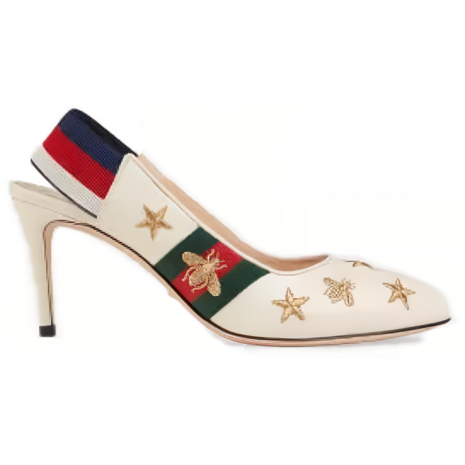Order (W) Gucci Bee Star Embroidered Leather Web Sylvie Slingback Pumps 'Putih' 552039-0G0U0-9084