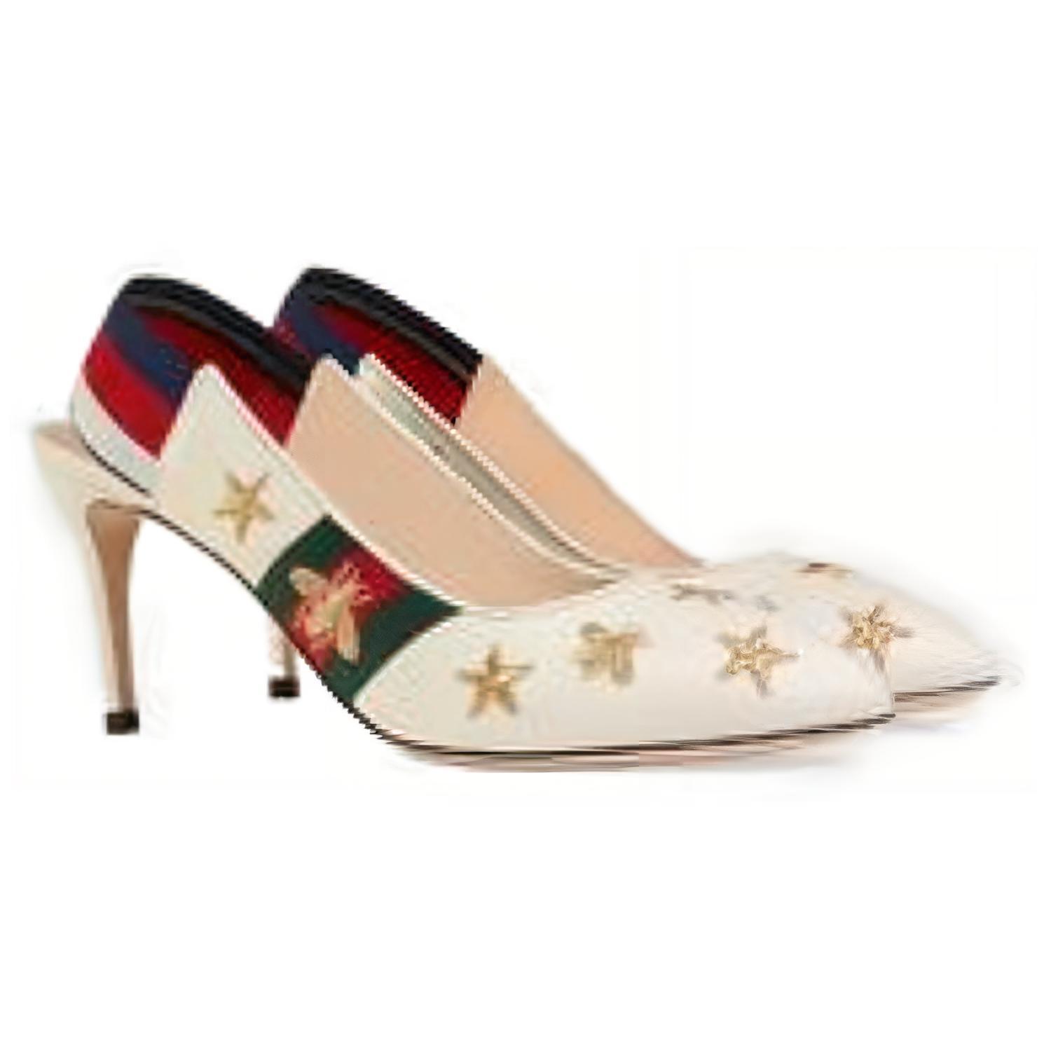 Lookbook (W) Gucci Bee Star Embroidered Leather Web Sylvie Slingback Pumps 'Putih' 552039-0G0U0-9084