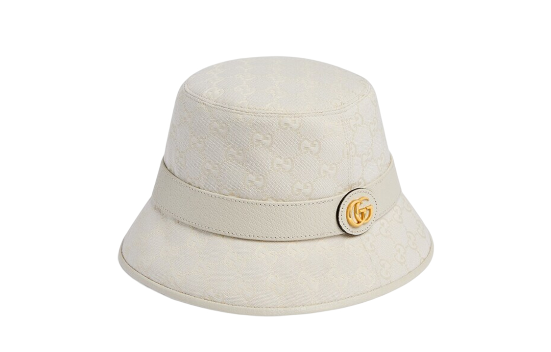 (Women) GUCCI Beige  Bucket Hat with Leather Trim and Signature Double G Detail. 748476-4HG62-9078