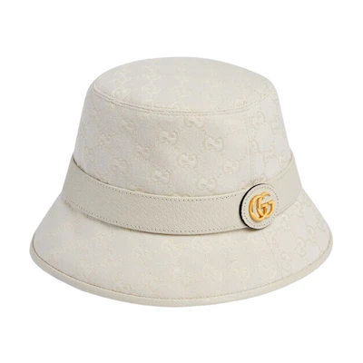 (Women) GUCCI Beige Bucket Hat with Leather Trim and Signature Double G Detail. 748476-4HG62-9078
