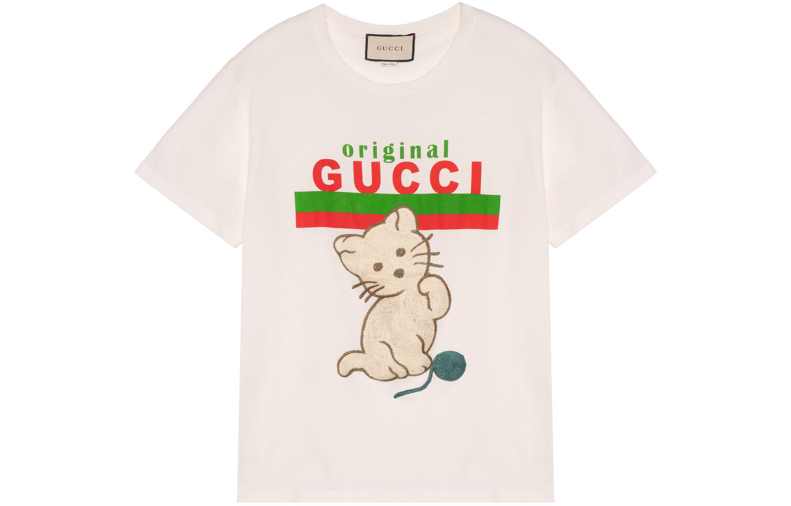 (Women) Gucci Beige Cat Print Logo Stripe Crewneck T-Shirt 615044-XJCRG-9095