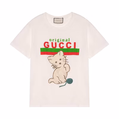 (Women) Gucci Beige Cat Print Logo Stripe Crewneck T-Shirt 615044-XJCRG-9095