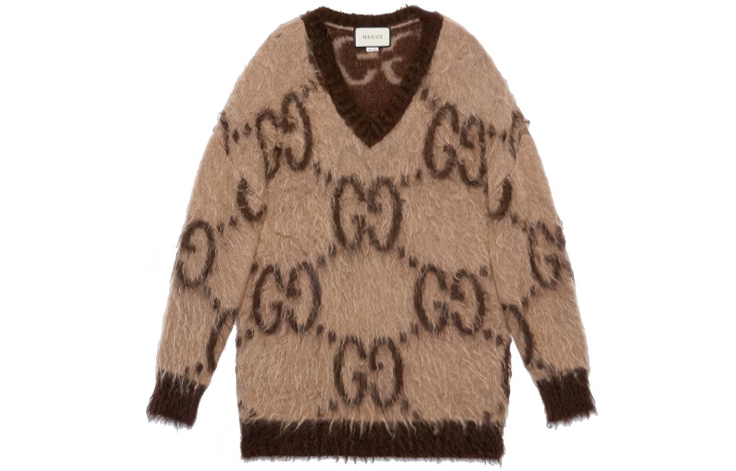 (Women) Gucci Beige GG Jacquard V-Neck Mohair Sweater 639380-XKBK2-2254