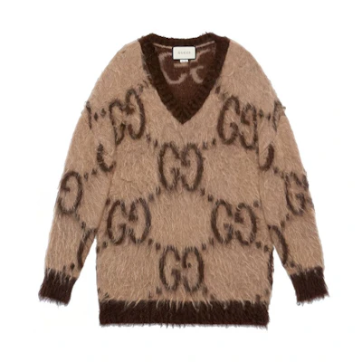 (Women) Gucci Beige GG Jacquard V-Neck Mohair Sweater 639380-XKBK2-2254