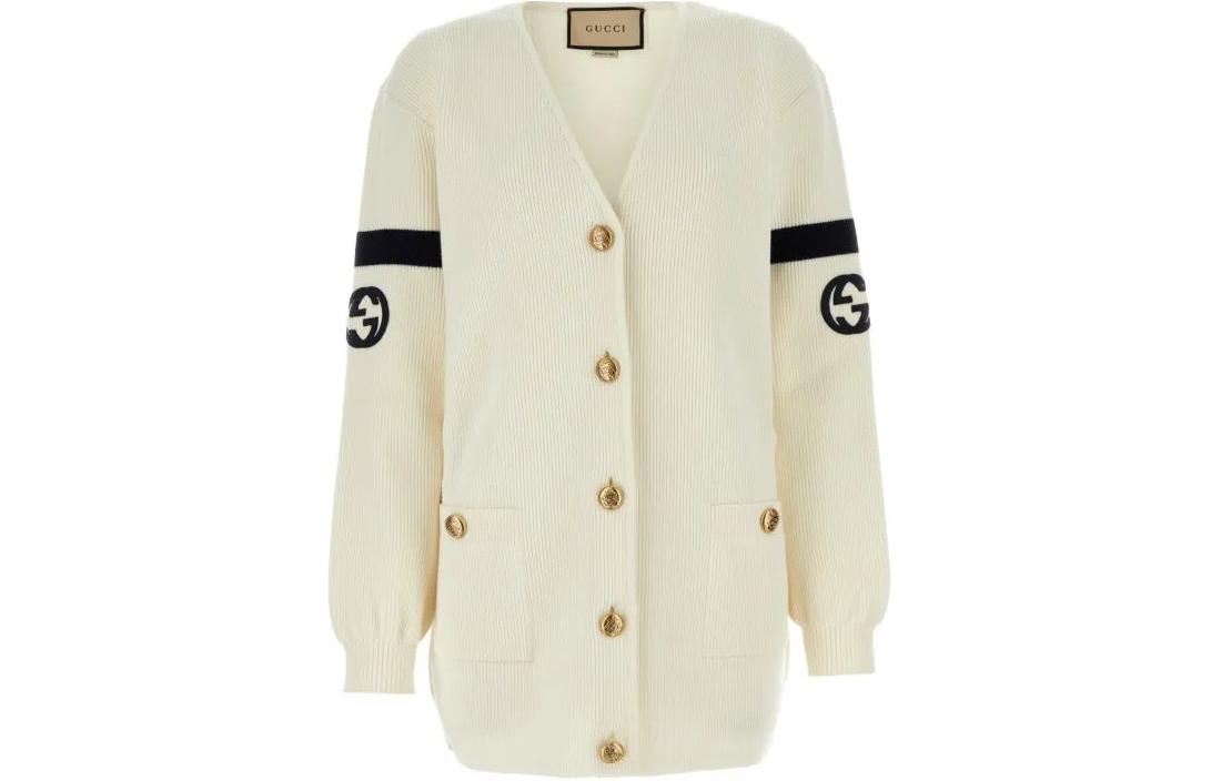 (Women) Gucci Beige Knit Cardigan with Contrasting Logo Patch 773122-XKDWO-9209