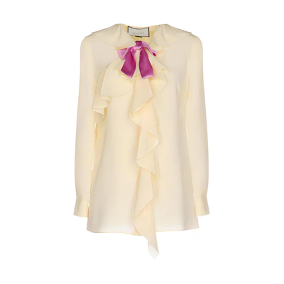 (Women) Gucci Beige Long Sleeve Ruffle Bow Neck Sun Protection Shirt 438414ZHS039234