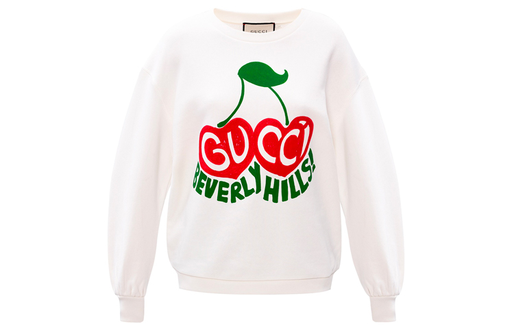 (Women) Gucci Beverly Hills Cherry Print White Oversized Sweatshirt 631695-XJCRT-9095