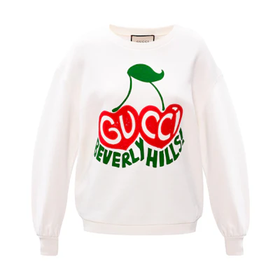 (Women) Gucci Beverly Hills Cherry Print White Oversized Sweatshirt 631695-XJCRT-9095