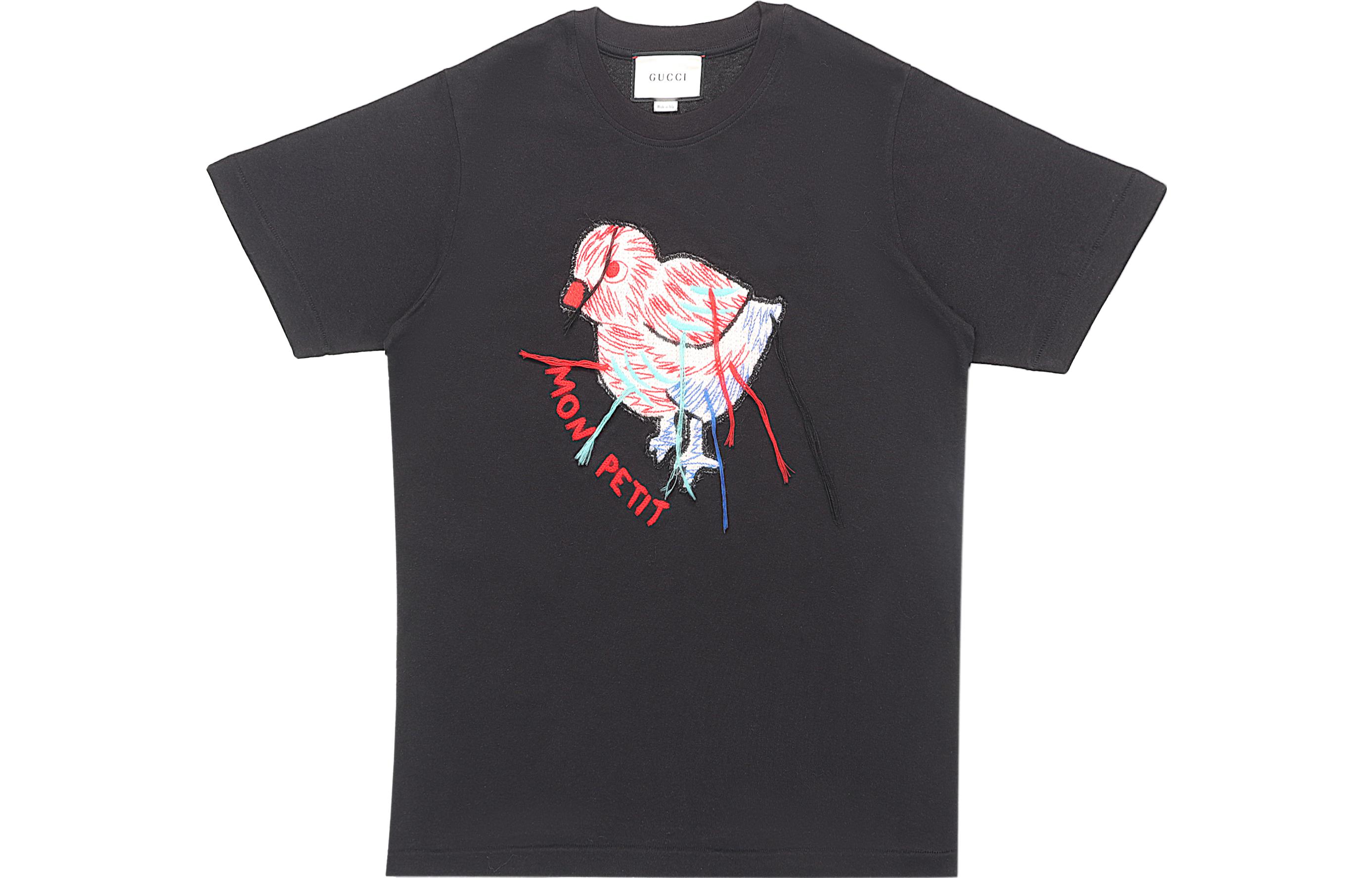 (Women) Gucci Bird Embroidered Fringe Crew Neck Casual SS22 Black Tee 580762-XJC0H-1081