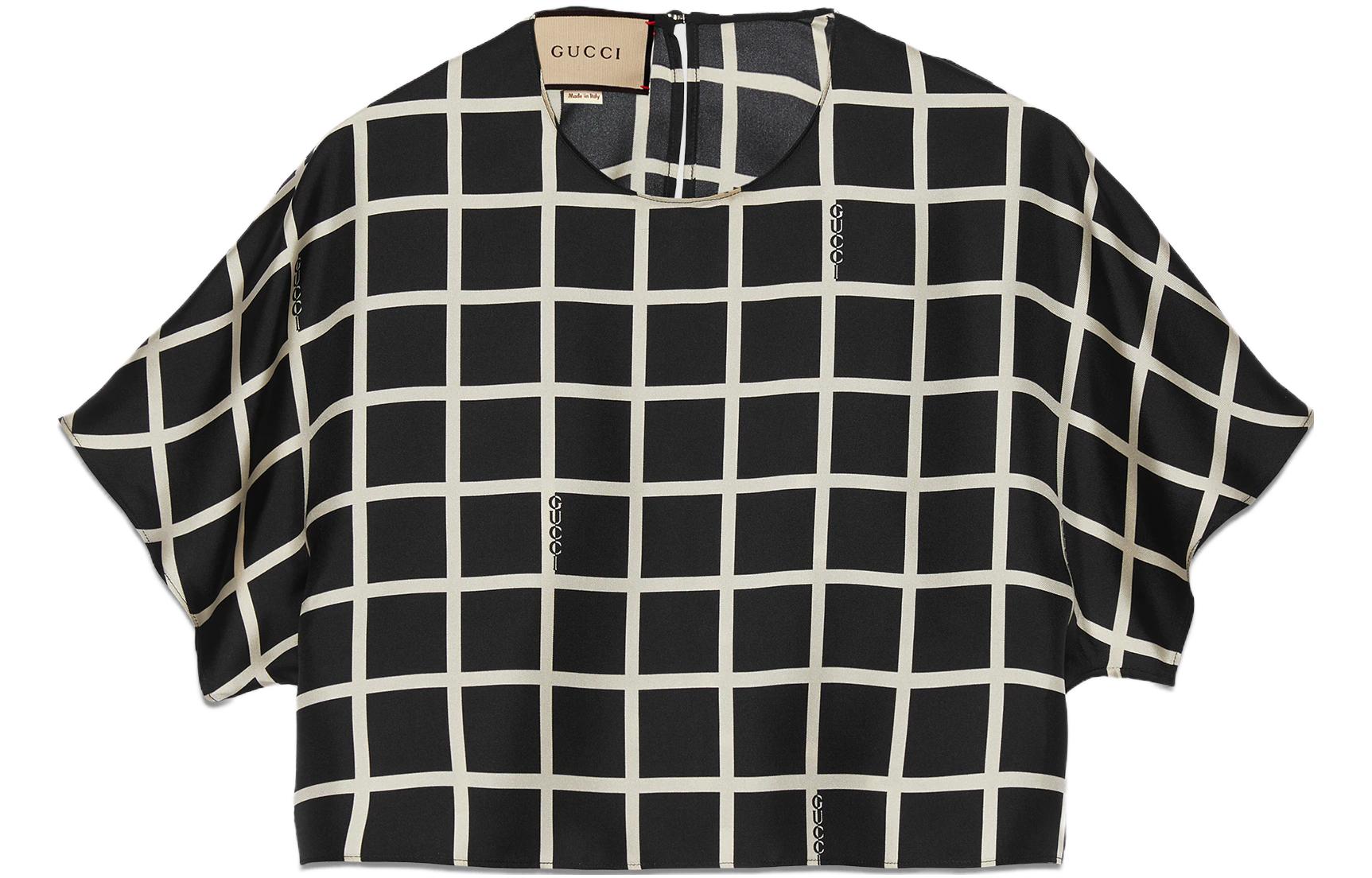 (Women) Gucci Black Checkered Short Sleeve Crop Top Shirt 756587-ZANQ6-1060