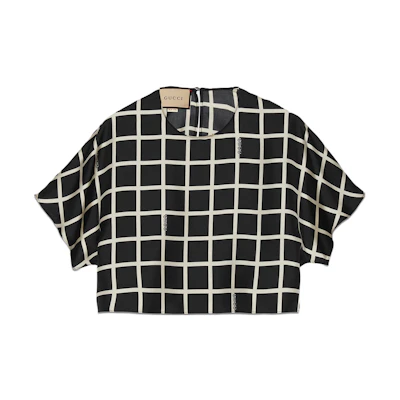 (Women) Gucci Black Checkered Short Sleeve Crop Top Shirt 756587-ZANQ6-1060