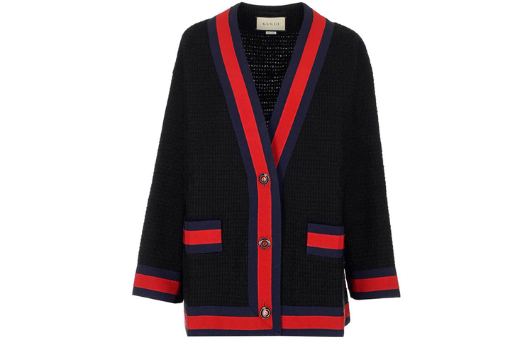 (Women) Gucci Black Deep V-Neck Cardigan with Patchwork Details Sweater 498923-ZIM18-1301