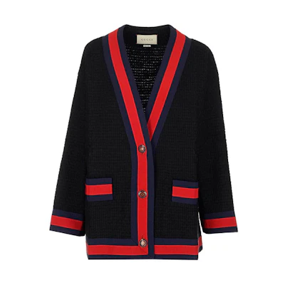 (Women) Gucci Black Deep V-Neck Cardigan with Patchwork Details Sweater 498923-ZIM18-1301