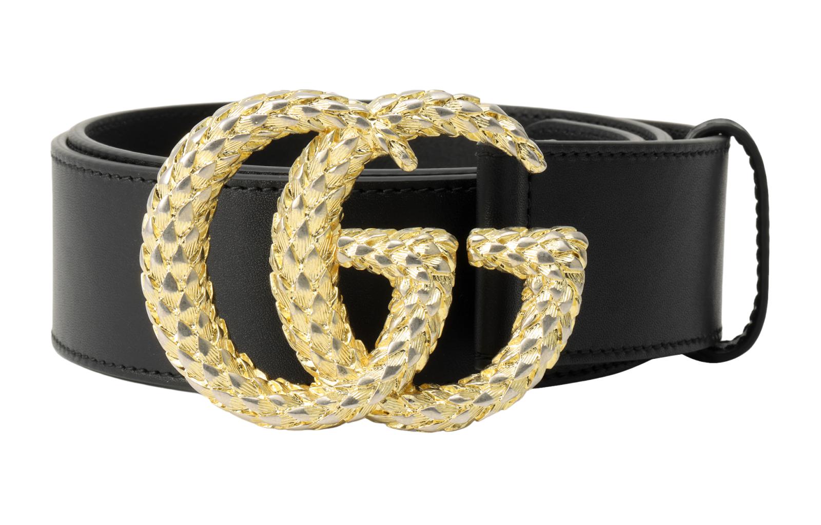 (Women) GUCCI Black Leather Belt with Gold Double G Buckle, 4cm Width 582348-AP00G