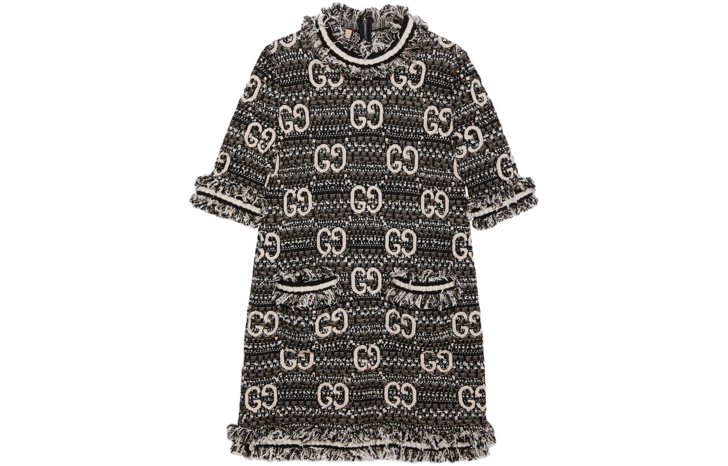 (Women) Gucci Black Logo Print Short Sleeved Dress with Back Zipper 721151-XKCQX-1060