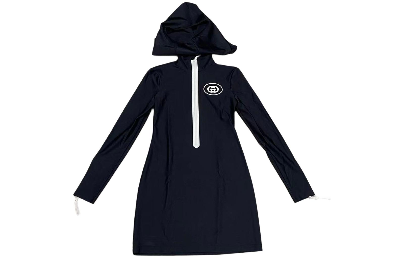 (Women) Gucci Black Logo Printed Half-Zip Dress with Removable Hood 697398-XJD6D-1070