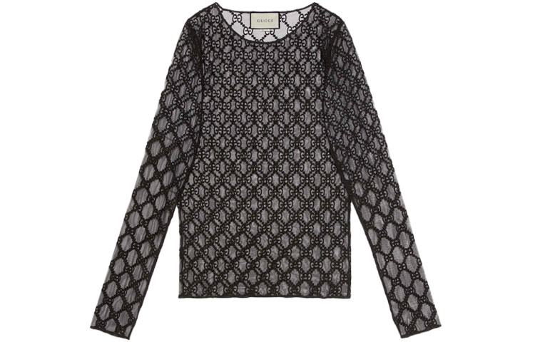 Buy (W) 古驰黑色双G刺绣长袖透视T恤 ⁣574407-XJA86-1000