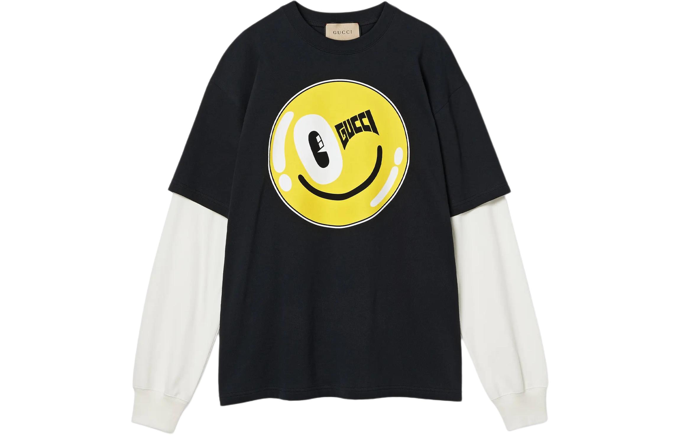 (Women) Gucci Black Smiley Letter Print Long Sleeve Loose Fit Tee FW24 782061-XJGHJ-9277