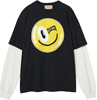 (Women) Gucci Black Smiley Letter Print Long Sleeve Loose Fit Tee FW24 782061-XJGHJ-9277 (Women) Gucci Black Smiley Letter Print Long Sleeve Loose Fit Tee FW24 782061-XJGHJ-9277