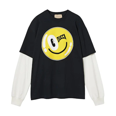 (Women) Gucci Black Smiley Letter Print Long Sleeve Loose Fit Tee FW24 782061-XJGHJ-9277