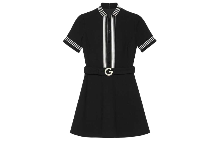 (Women) Gucci Black Wool Crepe A-Line Dress with Contrast Trim 643352-ZAFGT-1043