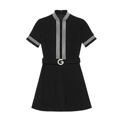 (Women) Gucci Black Wool Crepe A-Line Dress with Contrast Trim 643352-ZAFGT-1043