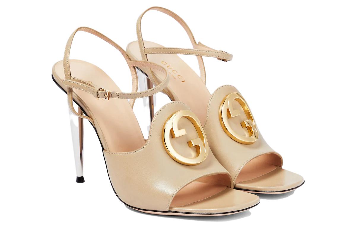 Order 古馳Blondie皮革搭扣細跟時尚涼拖8.5cm女款米色