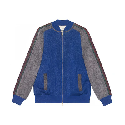 (Women) Gucci Blue Baseball Jacket with Shimmer Detail and Contrast Zipper 579749-XKAQ9-4034