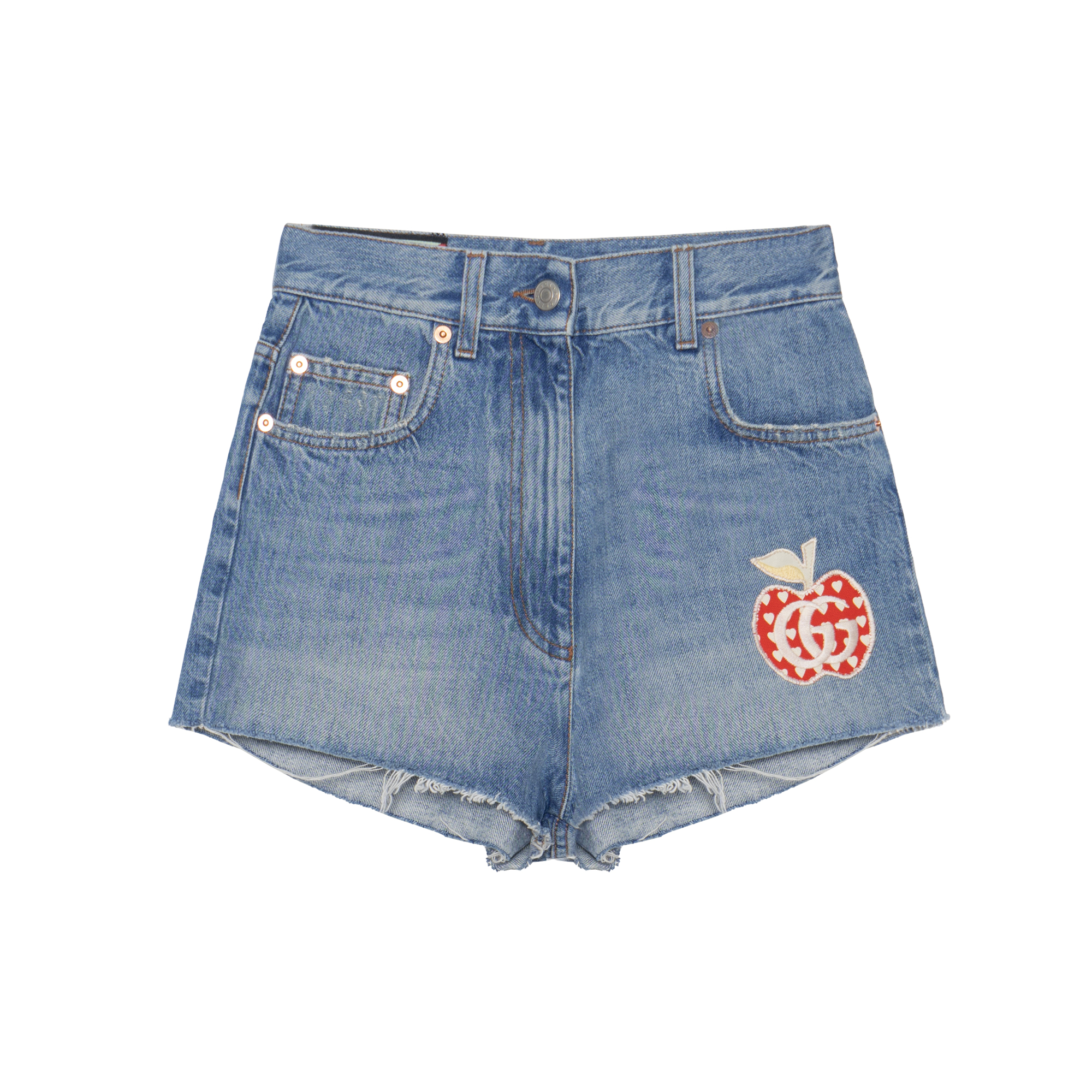 (Women) Gucci Blue Denim Shorts with Logo and Apple Pattern 502779-XDBP2-4452