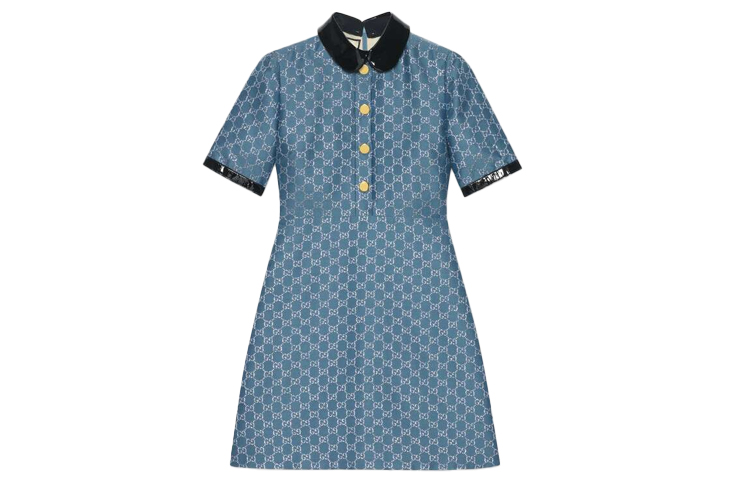 (Women) GUCCI Blue Dress with Detachable Collar and Metallic Thread A-Line 622990-Z8AJZ-4447