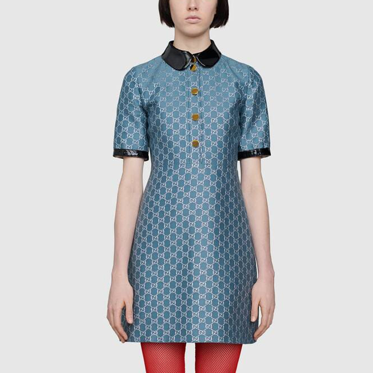 Lookbook (W) 구찌 블루 탈부착 칼라 메탈릭 스레드 A라인 드레스 622990-Z8AJZ-4447