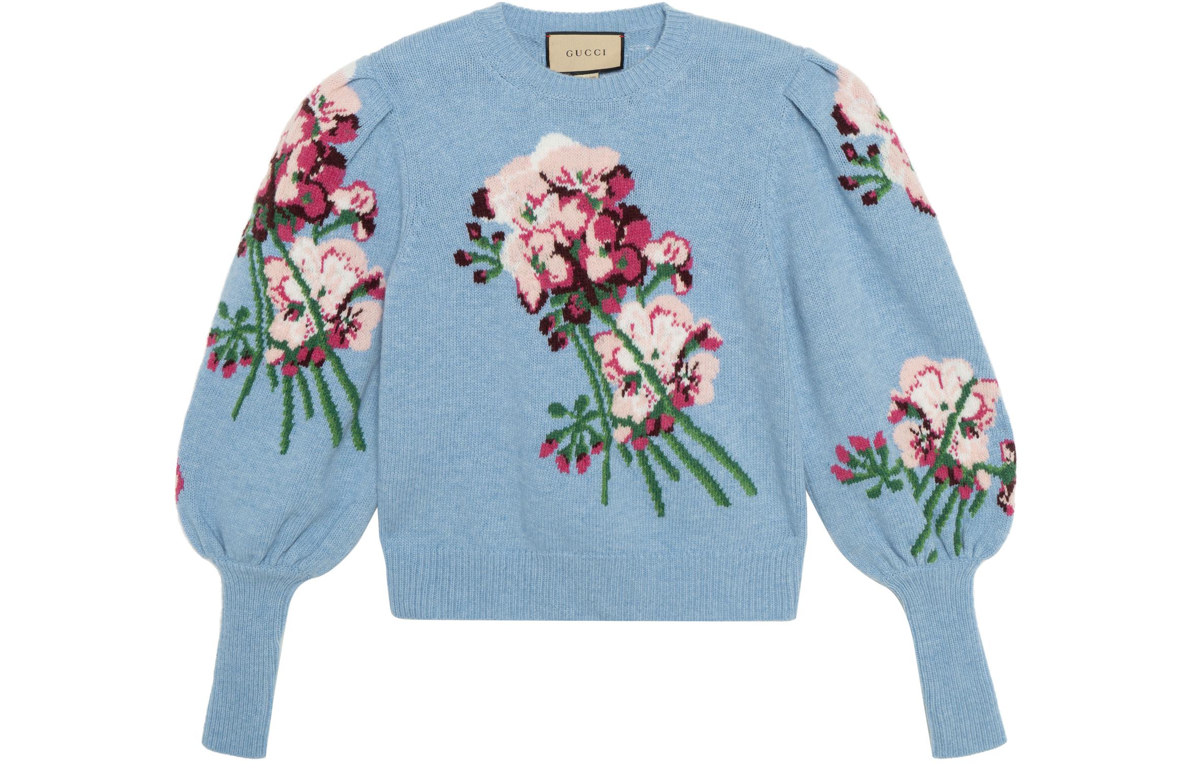 (Women) Gucci Blue Floral Wool Lantern Sleeve Sweater 664326-X1274-4318