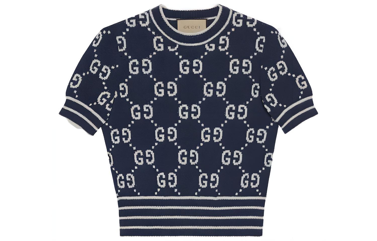 (Women) Gucci Blue Jacquard Striped Logo Short-Sleeve Crop T-Shirt 753914-XKCAN-4769