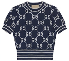 (Women) Gucci Blue Jacquard Striped Logo Short-Sleeve Crop T-Shirt 753914-XKCAN-4769 (Women) Gucci Blue Jacquard Striped Logo Short-Sleeve Crop T-Shirt 753914-XKCAN-4769