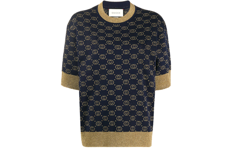 (Women) Gucci Blue Logo Jacquard Wool Knit Sweater Mid-Sleeve 605920-XKAHT-4597