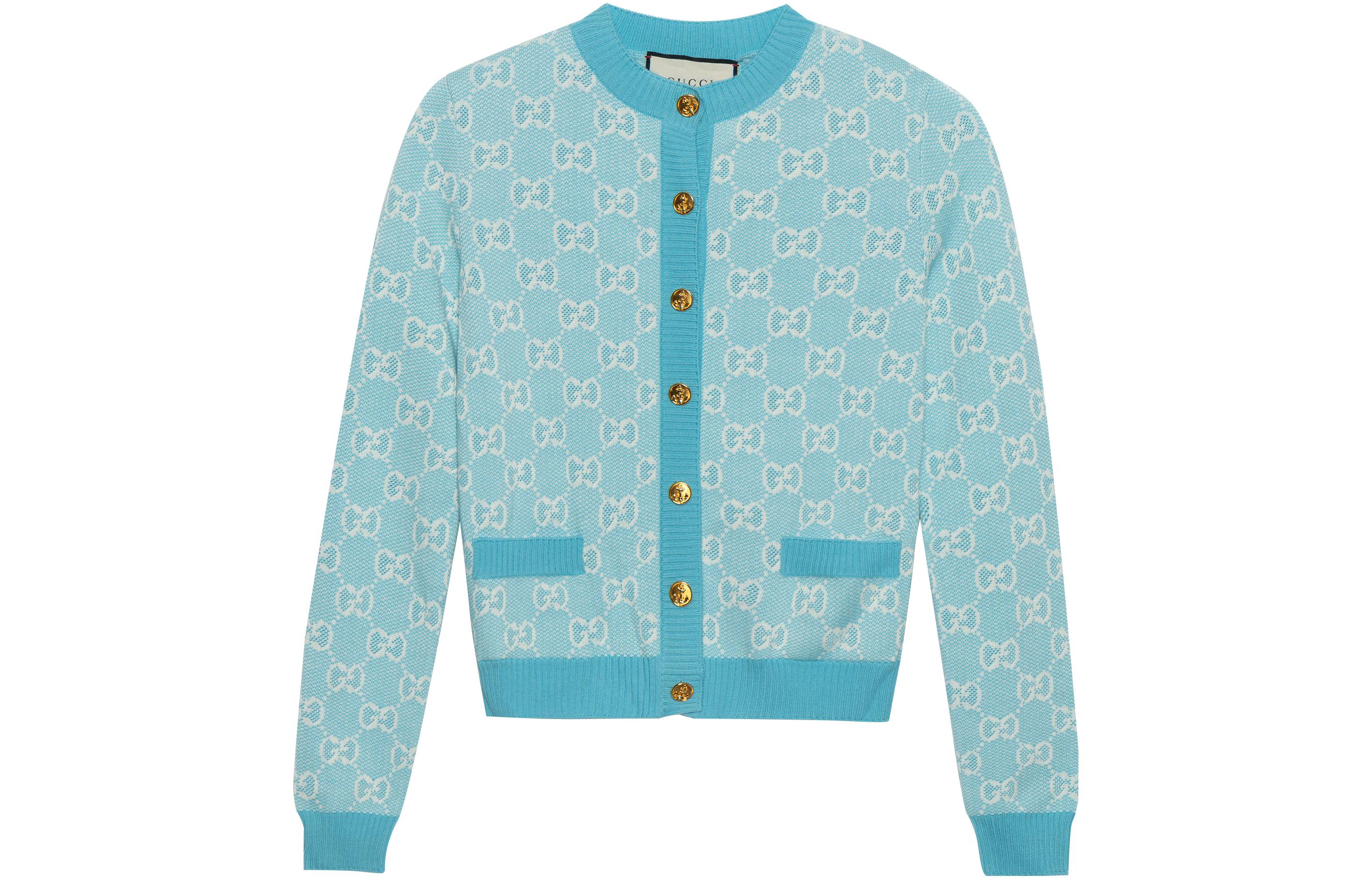 (Women) Gucci Blue Logo Pattern Crew Neck Button-Up Knit Sweater 629452-XKBHQ-4692