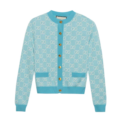 (Women) Gucci Blue Logo Pattern Crew Neck Button-Up Knit Sweater 629452-XKBHQ-4692