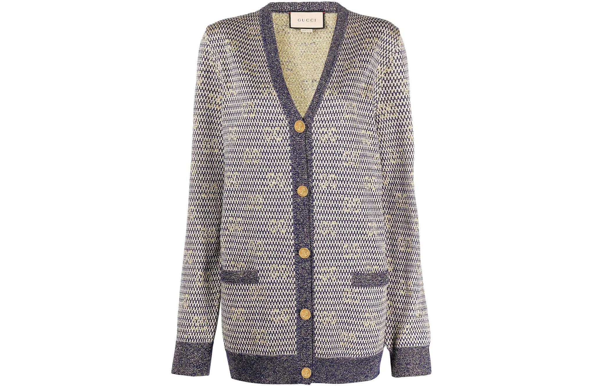 (Women) Gucci Blue SS22 Jacquard Button V-Neck Wool Knit Cardigan 644773-XKBOO-9661