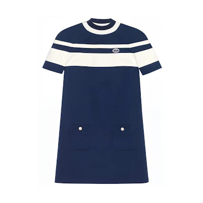 (Women) Gucci Blue Stripe Knit Piqué Cotton A-Line Mini Dress Womens 634824-XJCZ7-4632