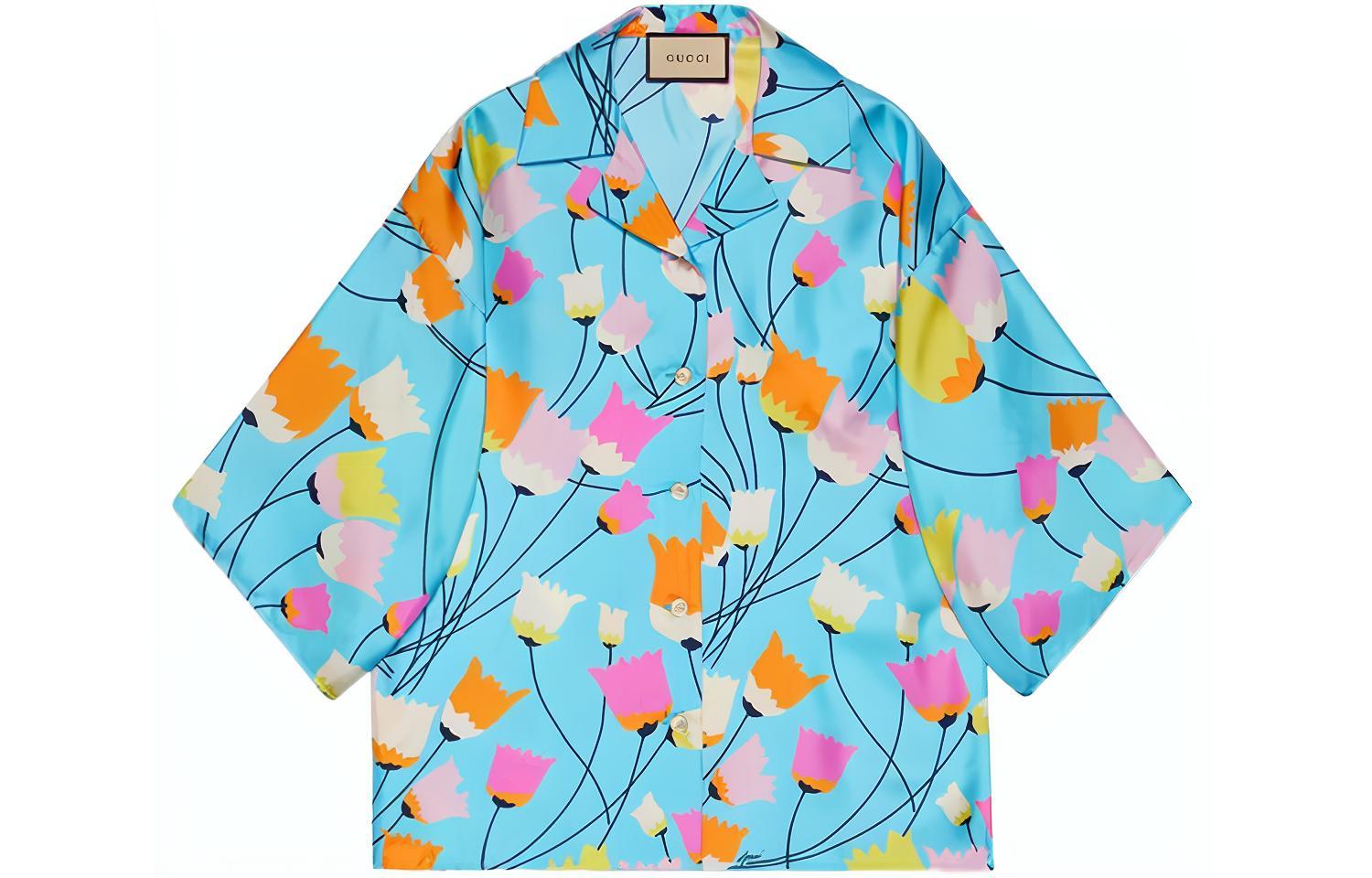 (Women) Gucci Blue Tulip Print Long-Sleeve Straight-Cut Shirt 654647-ZAGZG-4337