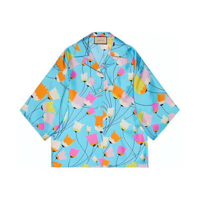 (Women) Gucci Blue Tulip Print Long-Sleeve Straight-Cut Shirt 654647-ZAGZG-4337