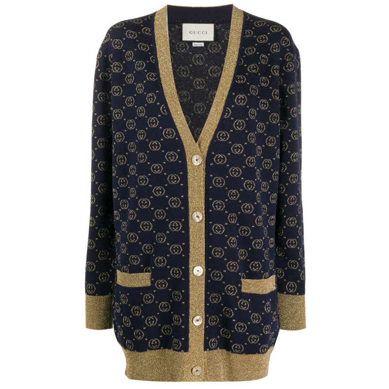 (Women) Gucci Blue V-Neck Logo Button Knit Cardigan 605910XKAHT-4597
