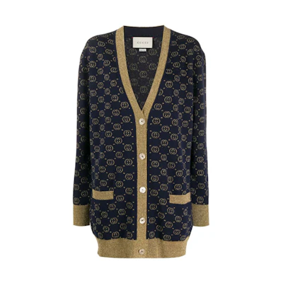 (Women) Gucci Blue V-Neck Logo Button Knit Cardigan 605910XKAHT-4597